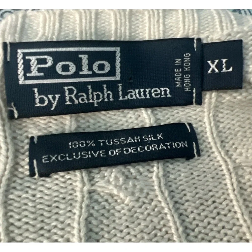 VTG Polo Ralph Lauren Sweater 100% Tussah Silk Men's XL Cable Knit‎ V-Neck